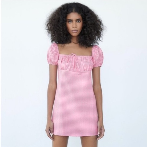 Zara Pink checkered gingham Dress Small - Picture 1 of 12